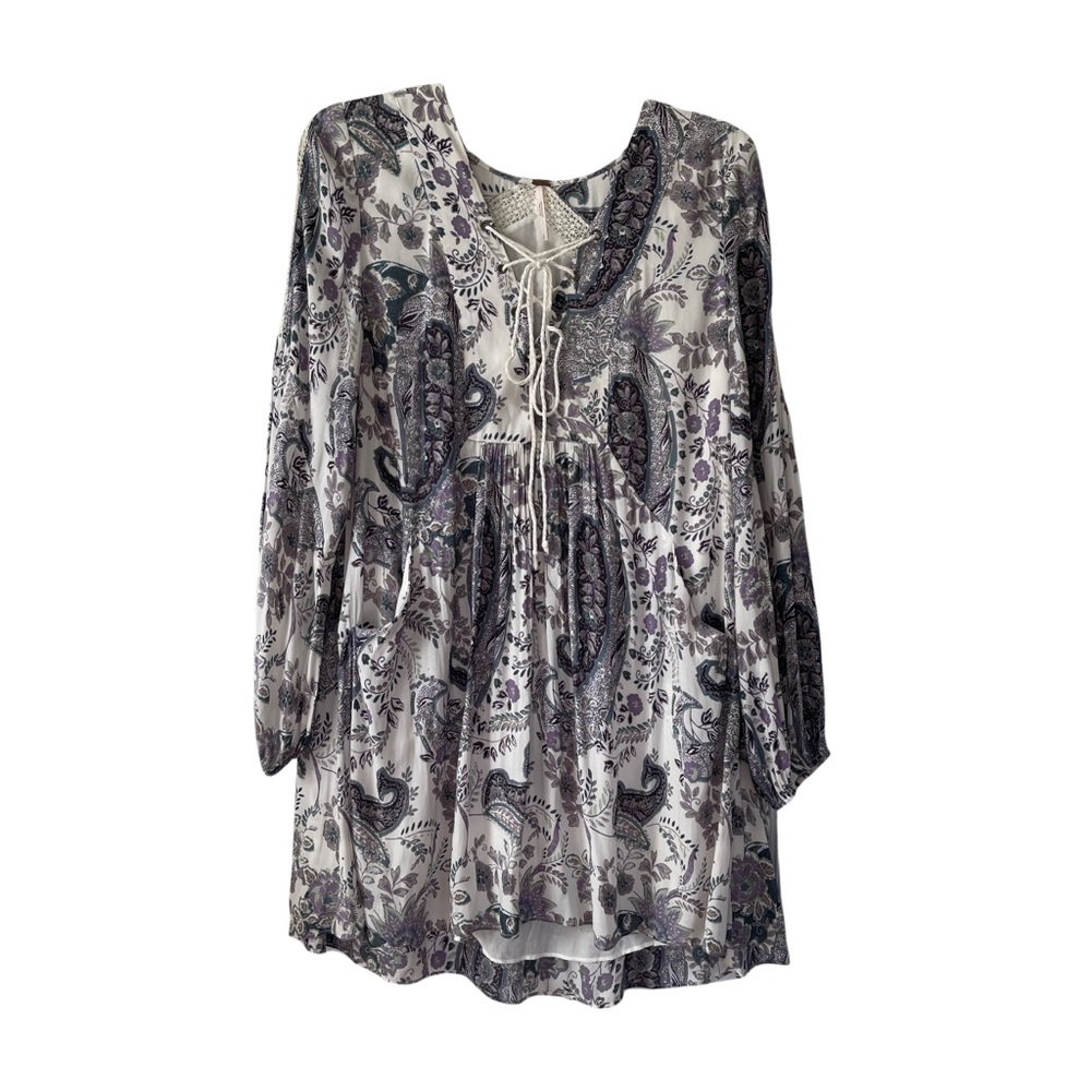 Free People Rain Or Shine Lace Up Long Sleeve Mini Dress Ivory Comb Size Small - Picture 6 of 11